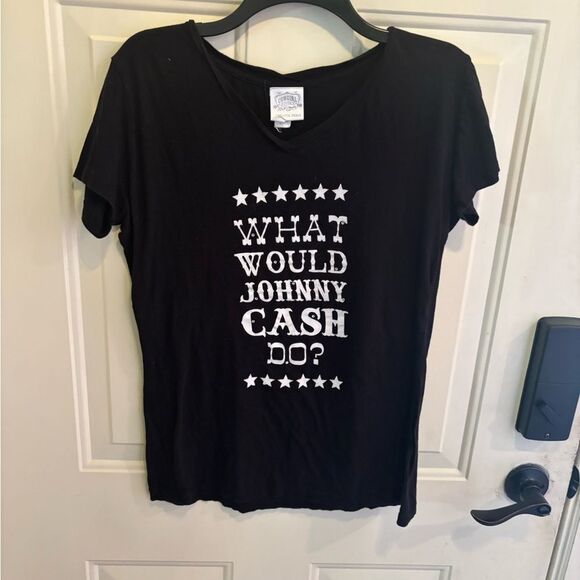 Cowgirl Justice “What Would Johnny Cash Do?” Black Graphic Tee with White Text - Picture 5 of 5